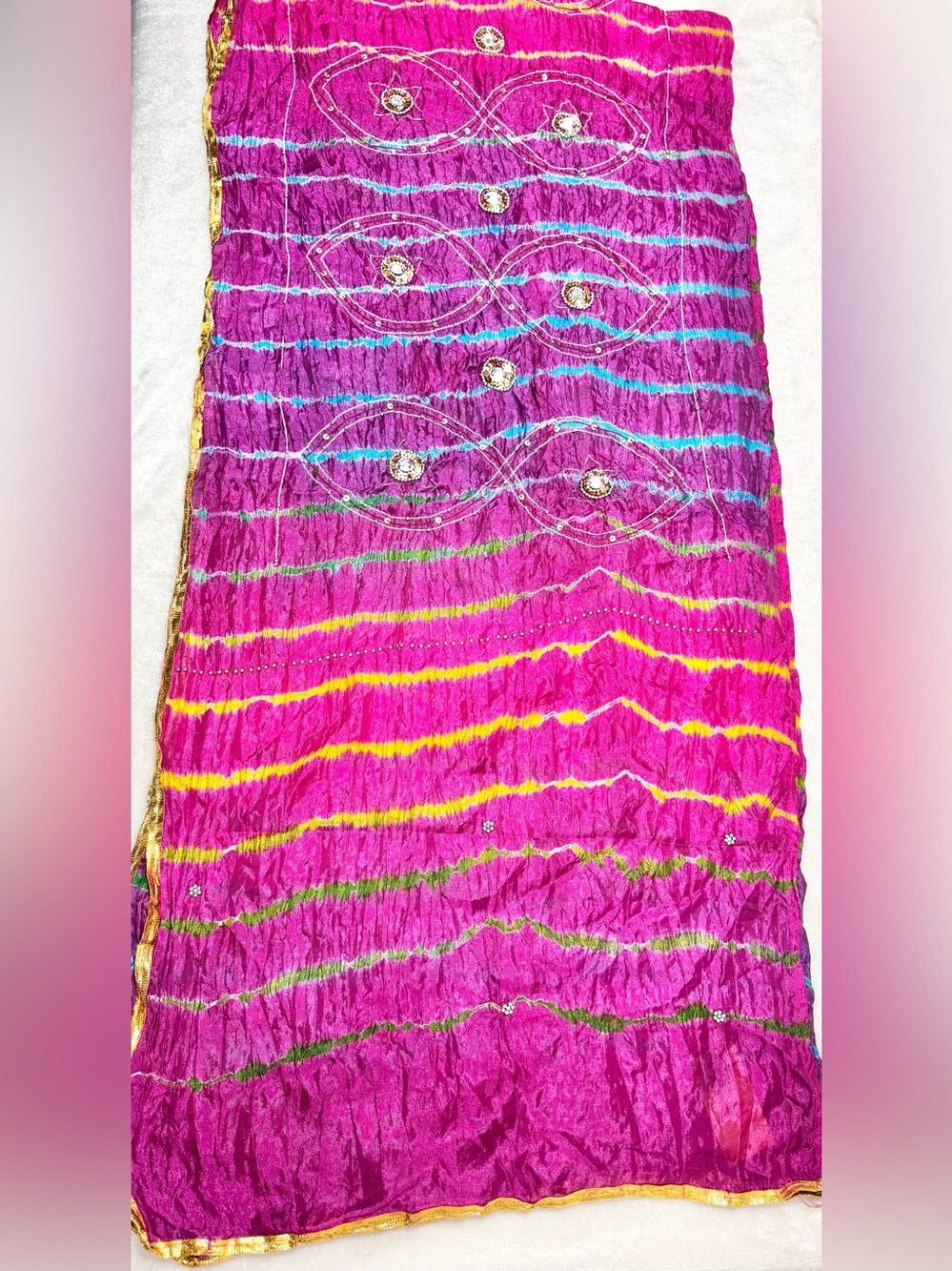 Raj Bandhani 100% Silk  Scarf Dupatta Magenta Multi-Color Leheriya One Size